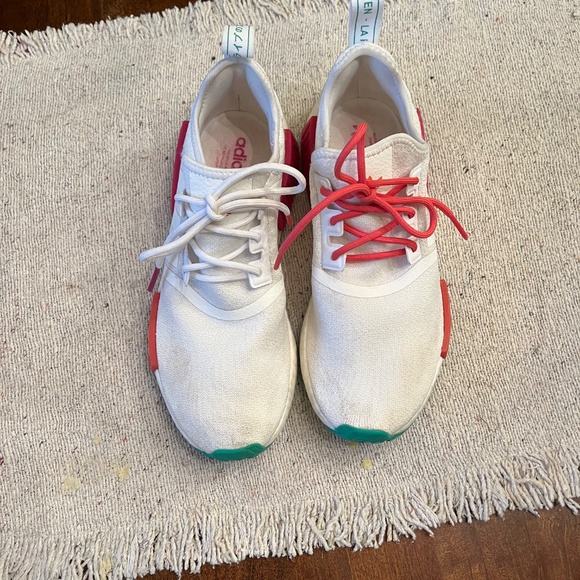 Adidas NMD R1 Boost White Pink Green Sneakers women's Size 9 - Picture 2 of 5